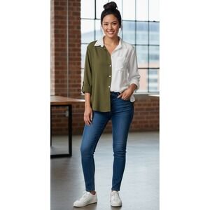 ASOS DESIGN Curve Women's Button Down Shirt Size 18 Colorblock Made in Romania